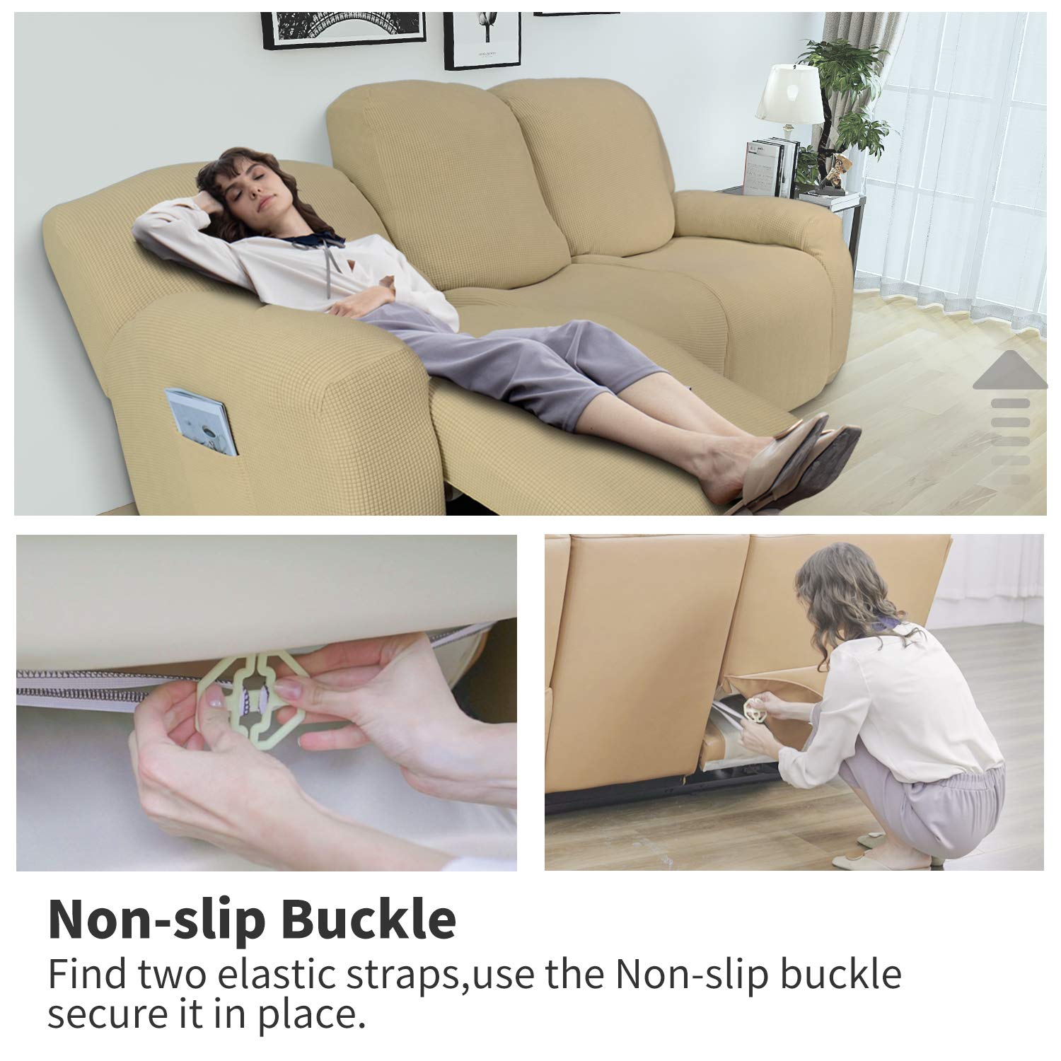 8-Piece Recliner Sofa Slipcover Set - Stretchable Jacquard Fabric with Elastic Bottom - Beige Checkered Design - Furniture Protector for Couches, Chairs & Sectionals - Perfect for Homes with Kids & Pets