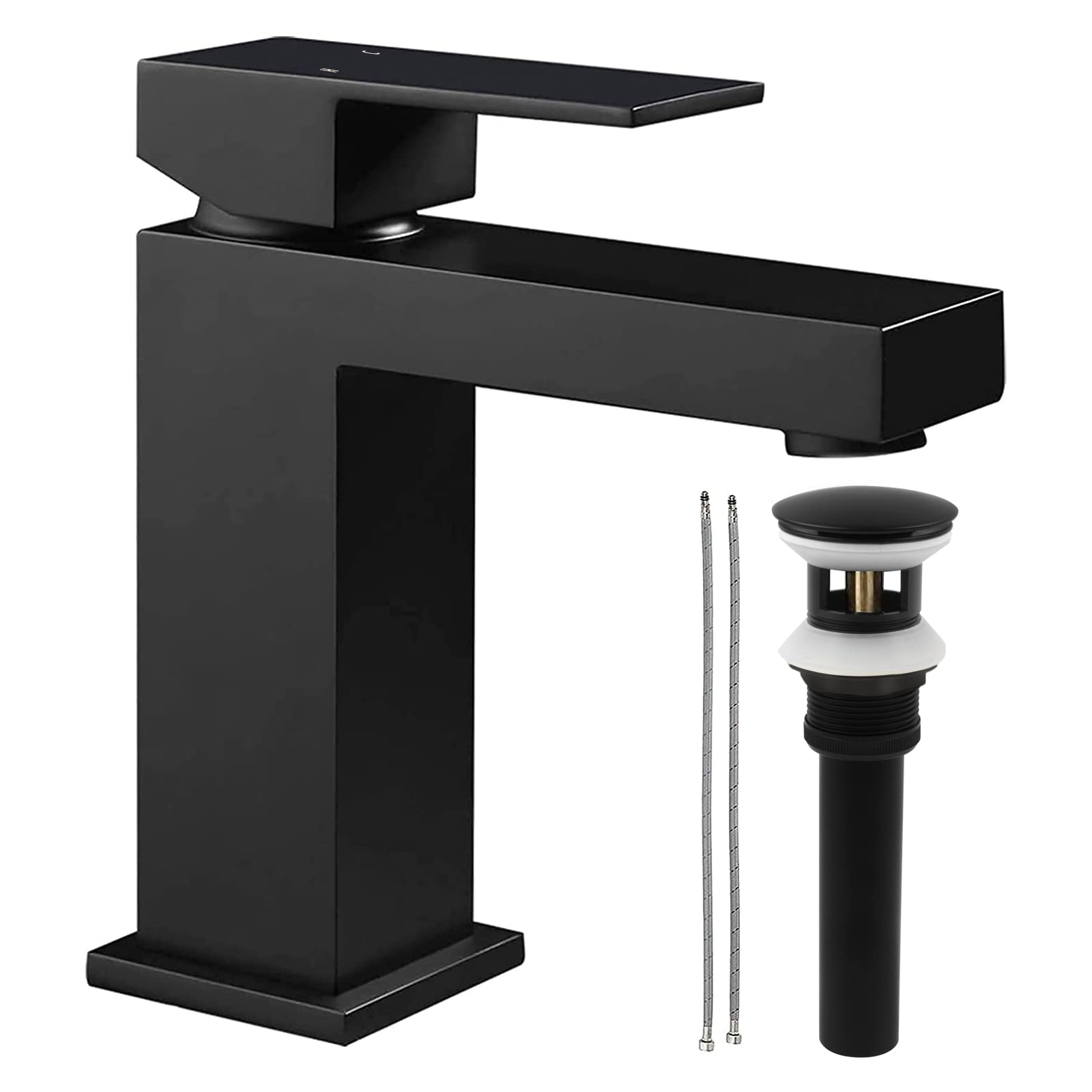 CELAENO Matte Black Bathroom Faucet - Modern Lead-Free Single Handle Lavatory Sink Faucet with All Metal Pop Up Drain, Solid Square Design for 1 Hole Installation - Perfect for Bathroom Vanity, Guest Bath, and Powder Room Upgrades