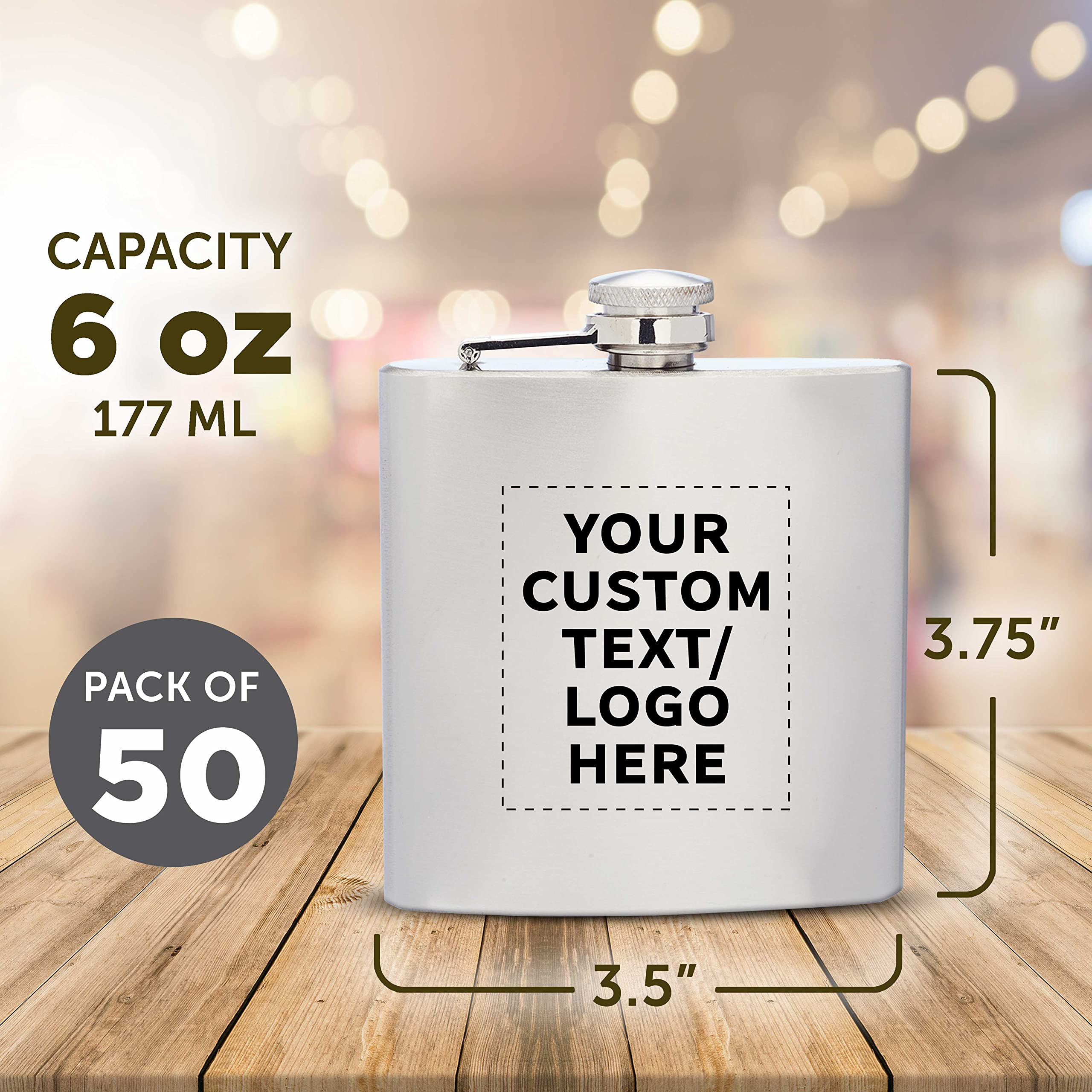 Personalized Stainless Steel Hip Flasks 6 oz (Set of 50) - Custom Engraved Wedding Party Gifts, Groomsmen Gifts & Outdoor Accessories - Screw Top Cap, Durable Silver Flasks for Camping, Hiking, Travel & Special Occasions