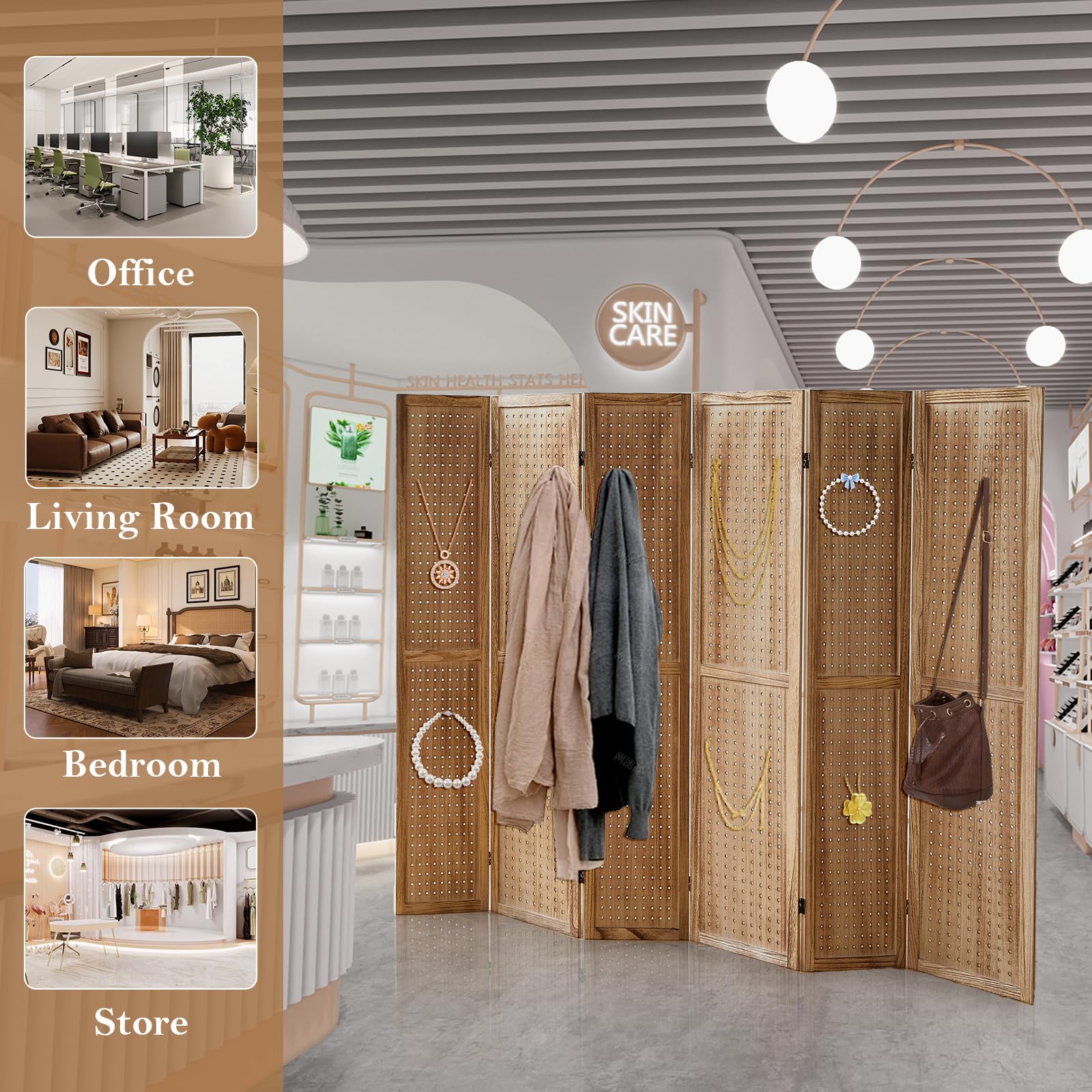 6 Panel Wooden Room Divider - 5.6Ft Folding Privacy Screen & Pegboard Display for Bedroom, Store, Jewelry | Portable Organizer with Light Brown Finish | Perfect for Home Office, Retail Displays & Room Partition