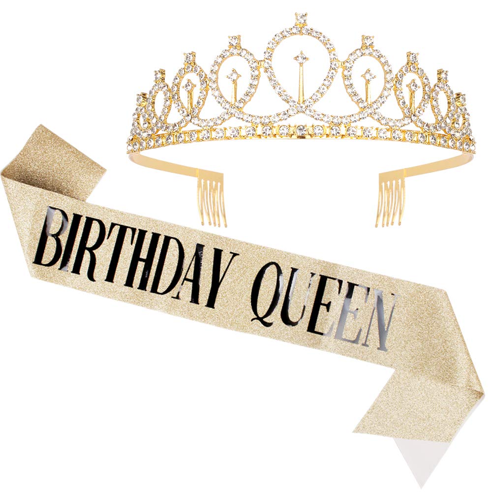 Sparkling Gold Rhinestone Birthday Crown & Queen Sash Set for Women - Elegant Birthday Tiara and Party Accessories for Girls, Women's Birthday Gifts - Perfect for Birthday Parties, Bachelorette Events & Special Celebrations