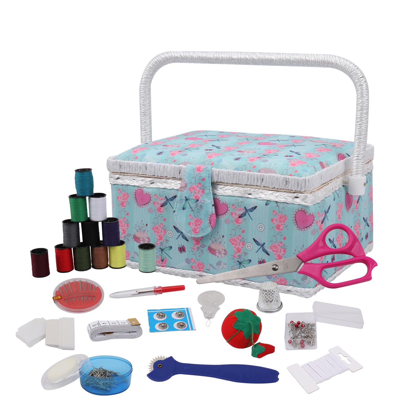 Classic Green Fabric Sewing Basket with Organizer - Large Portable Sewing Kit for Embroidery & Craft Supplies (11.4