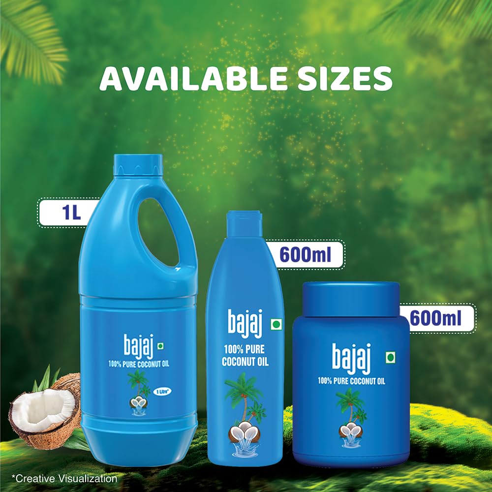 Bajaj 100% Pure Natural Coconut Oil - 600ml for Cooking, Hair Care & Skin Moisturizing - Cold Pressed Virgin Coconut Oil for Healthy Lifestyle