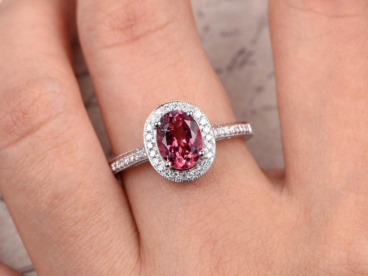 6x8mm Oval Pink Tourmaline Engagement Ring 14K White Gold - 1.35ct Tourmaline & Diamond Halo Ring with Half Eternity Band | Perfect for Proposals, Anniversaries & Special Occasions