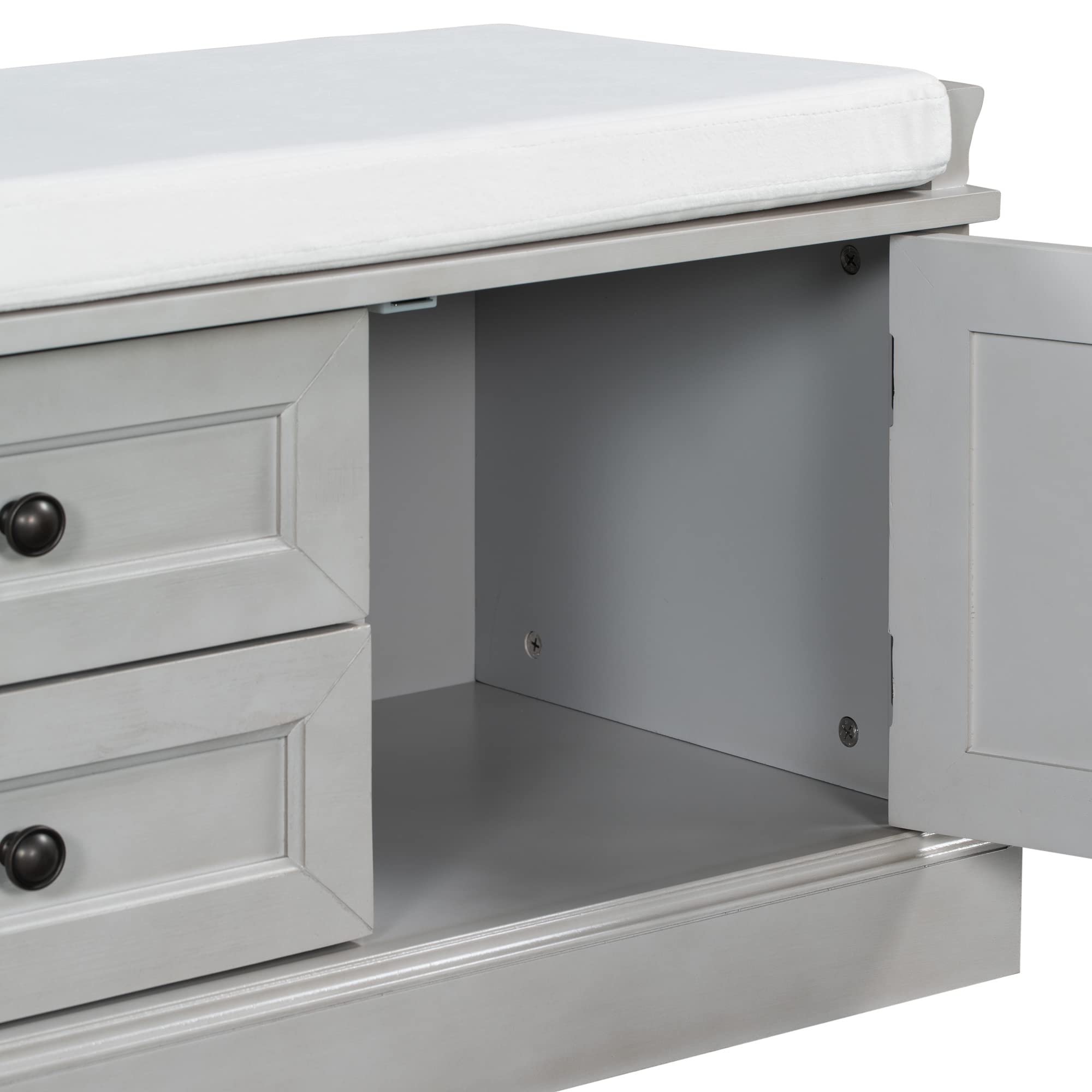 Merax 2-Drawer 2-Cabinet Storage Bench with Removable Cushion - Shoe Organizer for Entryway, Living Room & Bedroom (Gray Wash) - Perfect for Small Space Organization & Home Decor