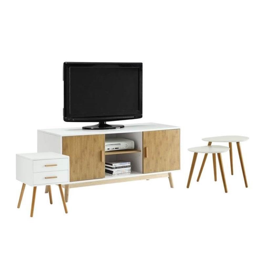Home Square 4-Piece White & Natural Living Room Set with TV Stand & End Tables - Perfect for Modern Home Decor & Small Space Furniture Arrangement
