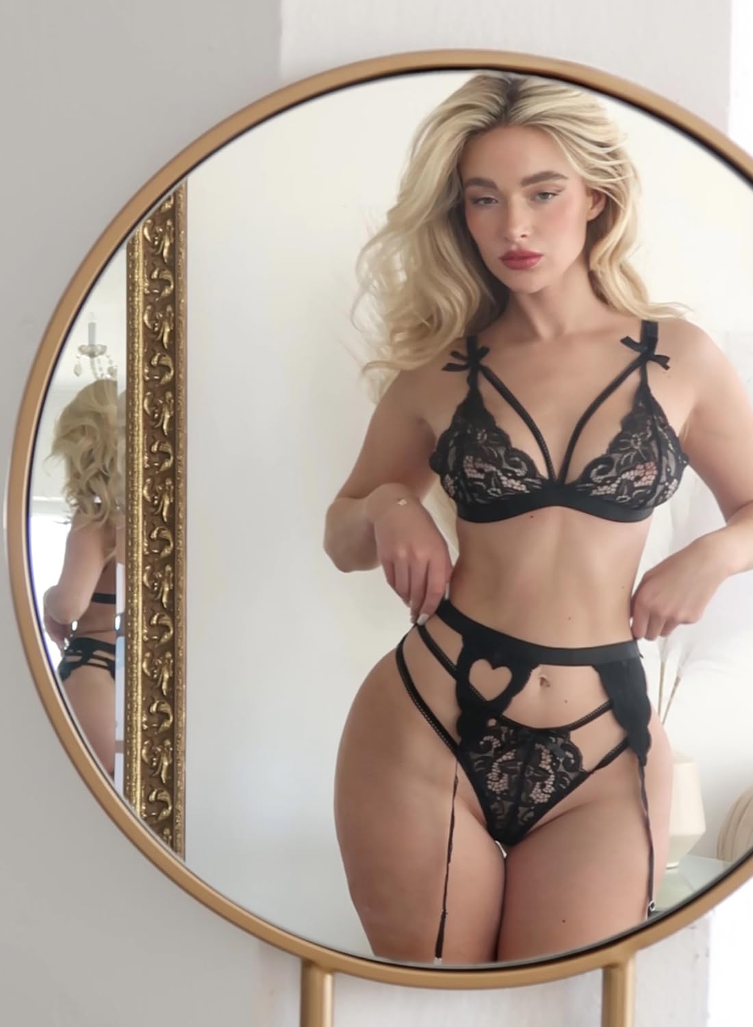 Aranmei Women's 4-Piece Lingerie Set - Lace Bra, Panty, Garter Belt & Stockings | Sexy Lace Bodysuit for Valentine's, Wedding Night & Romantic Occasions