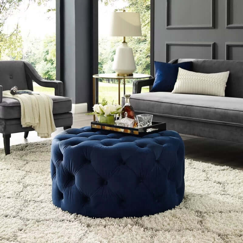 Tufted Ottoman Light Gray Velvet Coffee Table Pouf - Round Cocktail Footrest for Living Room, Bedroom & Home Decor
