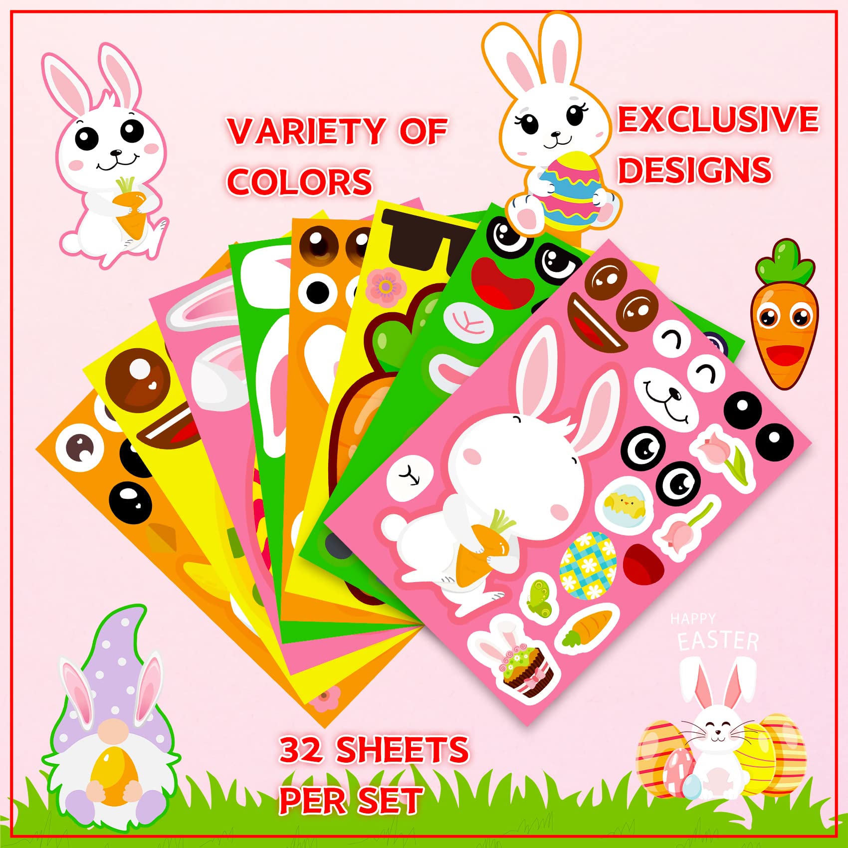 Funnlot 32PCS Easter Stickers for Kids - DIY Make a Face Sticker Sheets for Toddlers, Easter Activities, Classroom & Family Fun - Perfect for Easter Egg Hunts, Party Favors and School Crafts