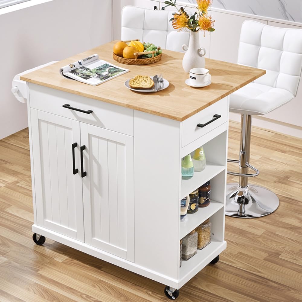 Yaheetech White Rolling Kitchen Island Cart with Drop Leaf - Portable Rubberwood Breakfast Bar with Storage Cabinet, 2 Drawers & Open Shelves - Perfect for Small Kitchens, Apartments & Breakfast Nooks - Detachable Towel Rack Included
