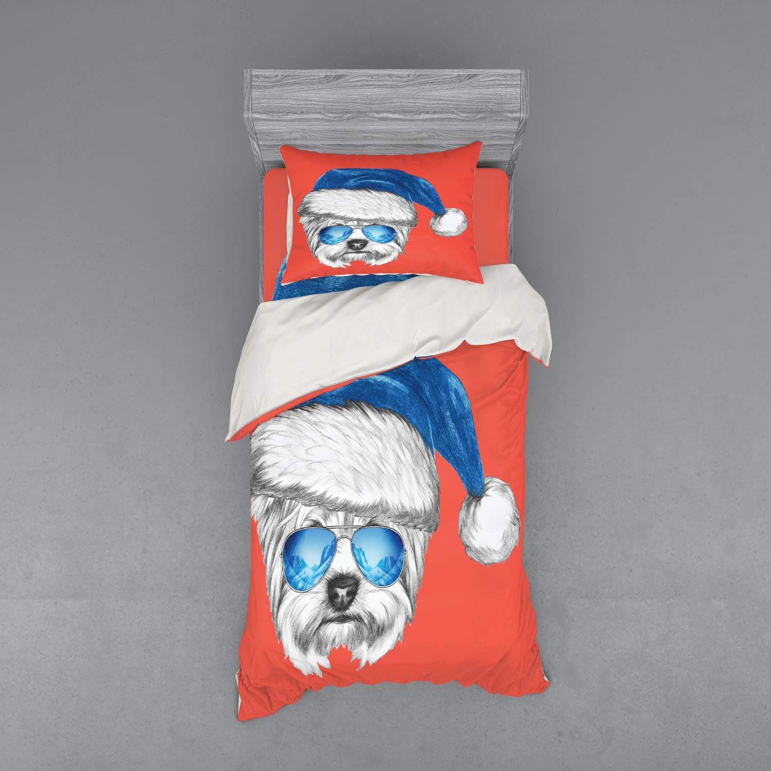 Ambesonne Yorkie Dog Bedding Set - 3 Piece Duvet Cover with Sham & Fitted Sheet, Twin XL Size, Fun Hand-Drawn Terrier in Blue Santa Hat & Aviator Glasses, Coral White Blue - Perfect for Christmas Gifts, Pet Lover's Bedroom Decor & Cozy Winter Nights