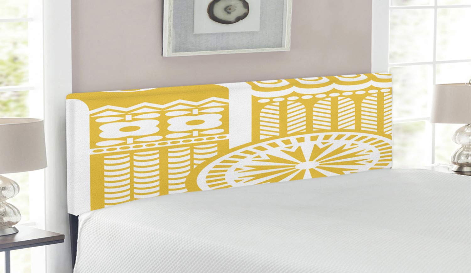 Ambesonne Queen Size Upholstered Headboard - Scandinavian Folkloric Style Abstract Bird Floral Design in Mustard & White | Decorative Metal Bed Headboard with Memory Foam | Perfect for Bohemian & Vintage Bedroom Decor
