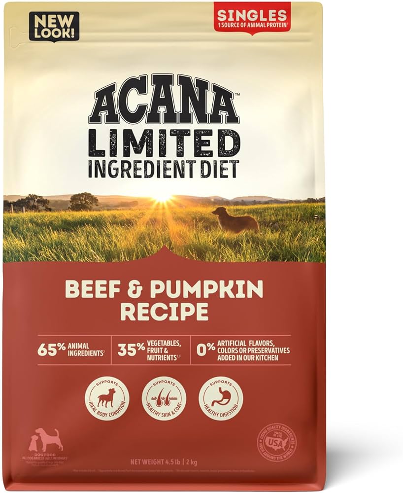 Acana Grain Free Dry Dog Food with Beef & Pumpkin - High Protein, Limited Ingredient Diet for All Breeds - Perfect for Sensitive Stomachs & Digestive Health