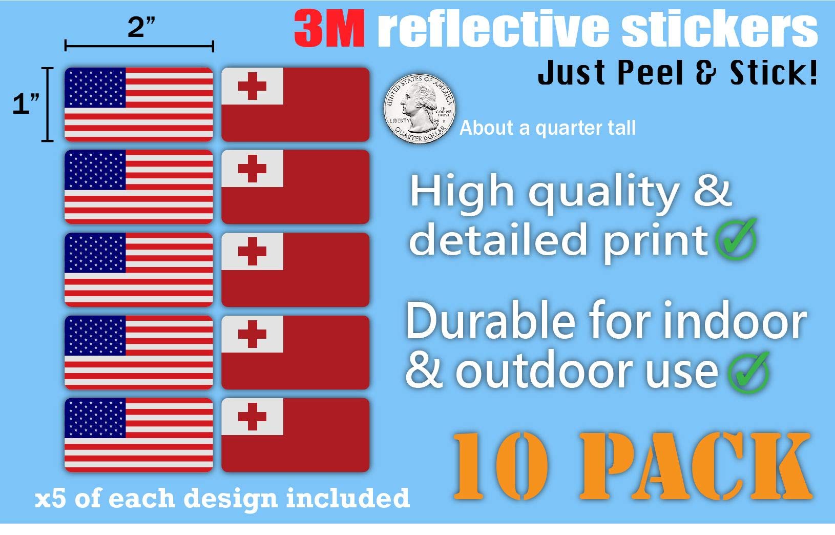 3M Reflective Tonga and US Flag Stickers (10-Pack) - High Visibility Safety Decals for Hard Hats, Helmets, Bikes, Toolboxes & Laptops - Perfect for Night Safety, Work Zones, Construction Sites & Outdoor Activities