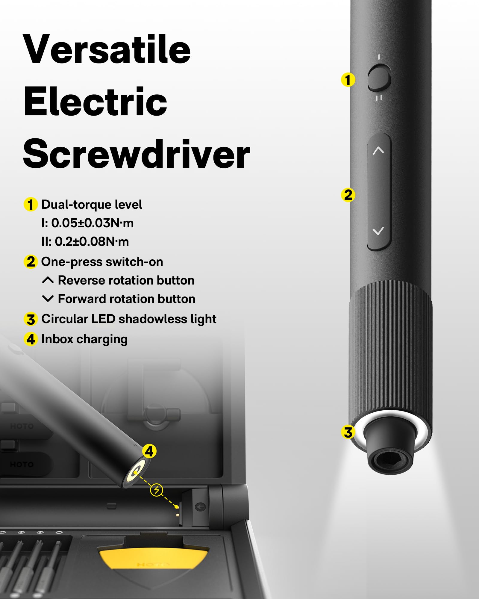 HOTO Electric Precision Screwdriver Set - 48 in 1 Magnetic Electronics Repair Kit with LED Light & Adjustable Torque | Perfect for Eyeglasses, Watches, Smartphones, Laptops, Cameras & DIY Projects | Compact Tool Kit for Home, Office & Professional Use