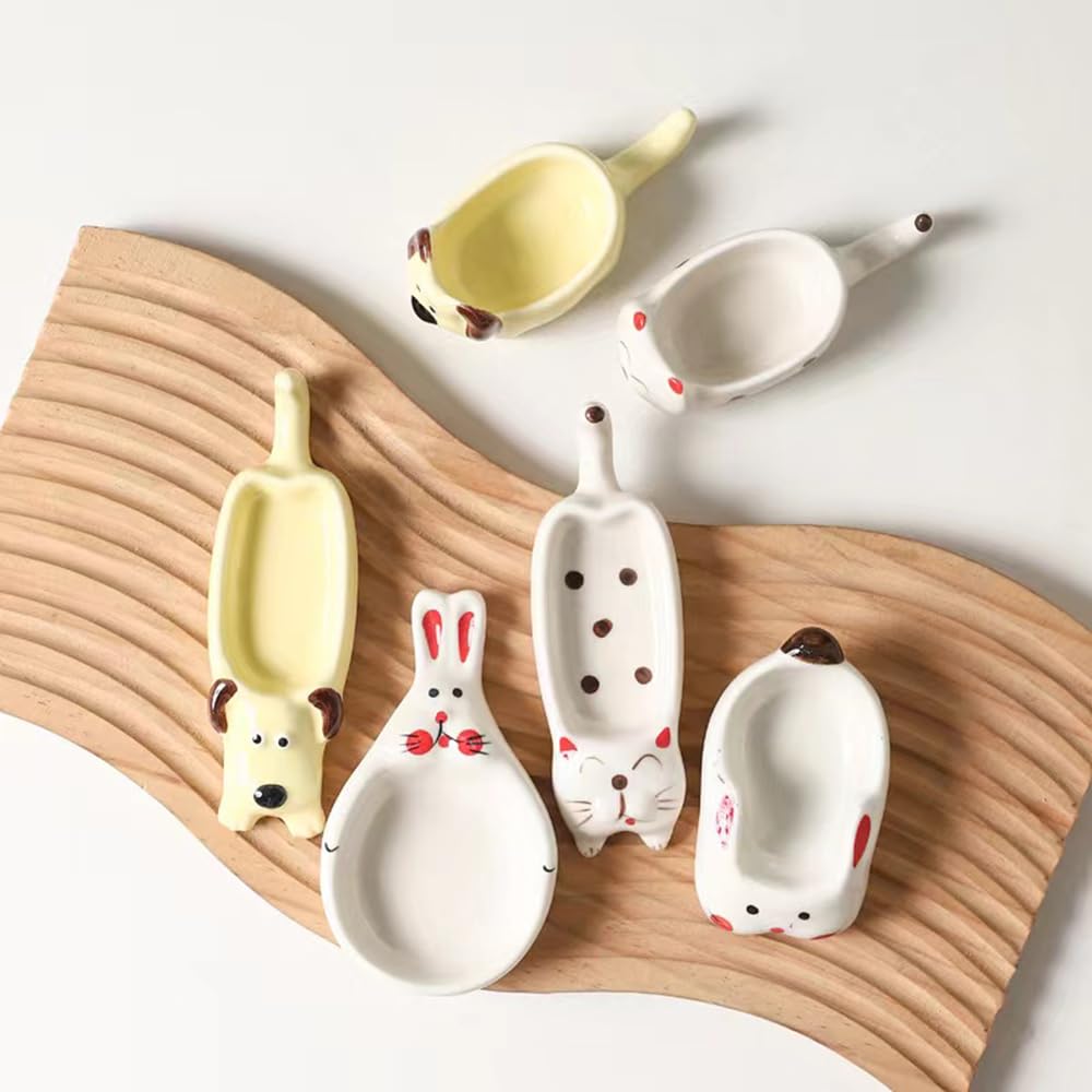 4-Piece Cartoon Sauce Dishes - Ceramic Chopstick Holder for Kitchen (White & Kitten) - Perfect for Sushi & Dumplings