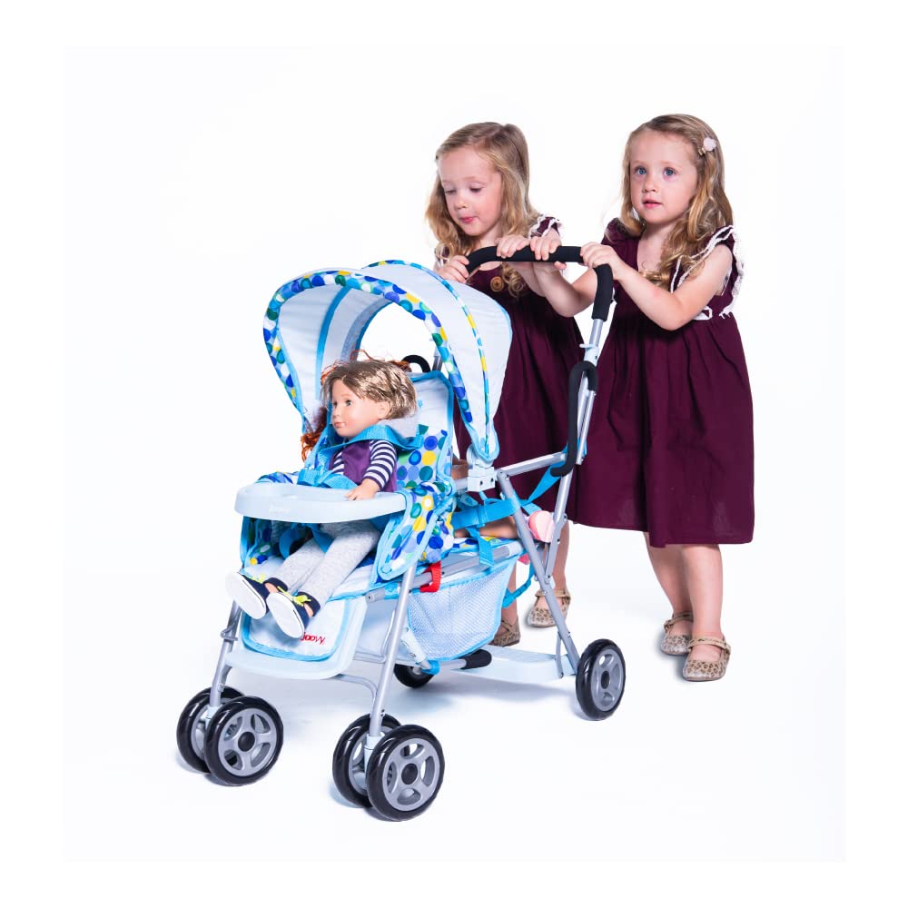 Joovy Toy Caboose Baby Doll Stroller - Reclining Front Seat, Adjustable Footrest, Storage Basket & Extendable Canopy | Holds 3 Dolls | Blue Dot | Perfect for Pretend Play, Daycare & Indoor/Outdoor Playtime