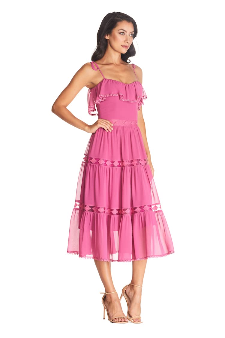 Dress the Population Women's Dream Sleeveless Ruffle Bodice Lace Insert Tiered Skirt Midi Dress - Perfect for Weddings, Parties & Special Occasions