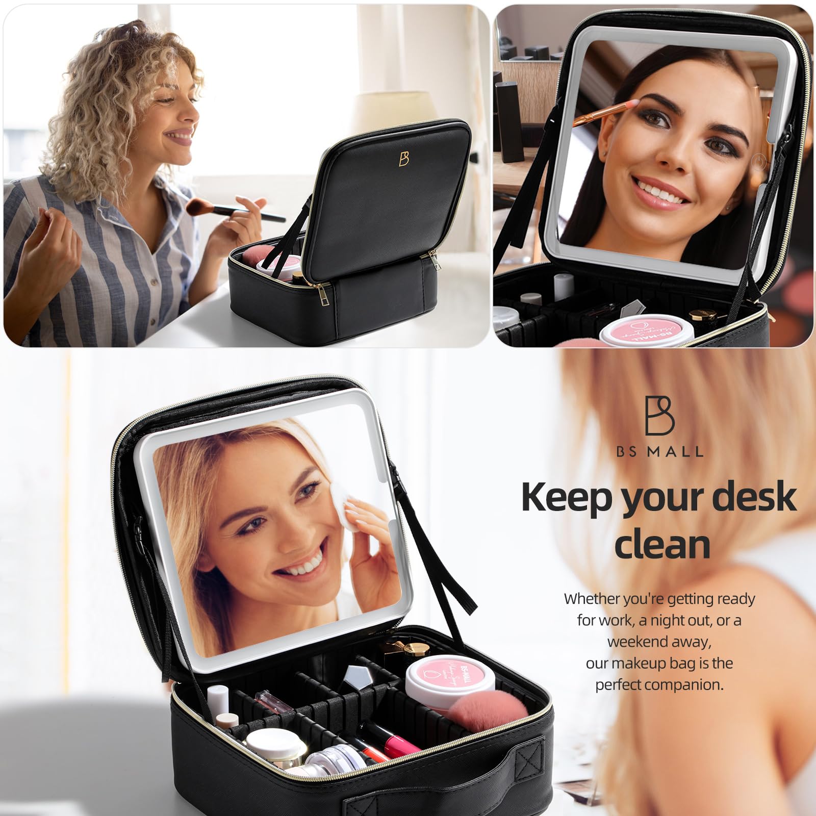 BS-MALL Professional Makeup Brush Holder Case with LED Mirror - Portable Cosmetic Organizer Bag for Travel & Home Use - Perfect for Makeup Artists & Beauty Enthusiasts