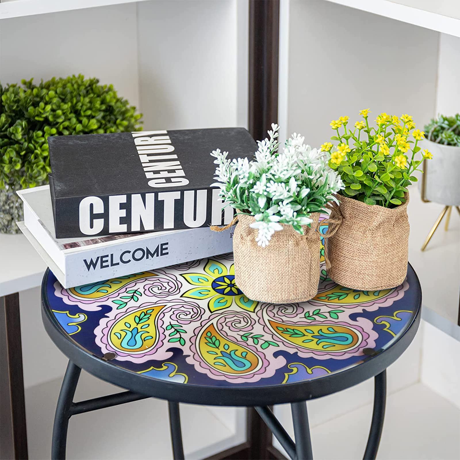 14 Inch Round Glass Mosaic Side Table with Purple Flower Design - Outdoor Patio Coffee Table for Living Room, Balcony & Garden - Perfect for Tea Time, Plant Display & Relaxing Moments