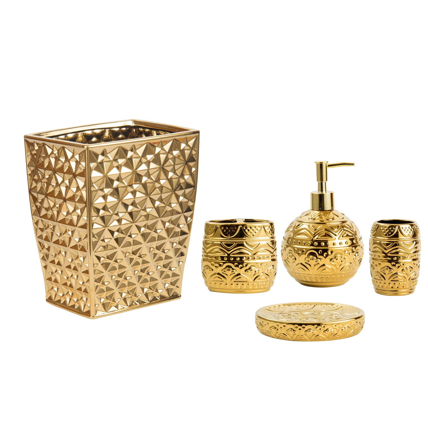 Luxury 5-Piece Gold Ceramic Bathroom Accessory Set - Soap Dish, Toothbrush Holder, Lotion Dispenser & Tumbler - Elegant Vanity Decor for Modern Bathrooms, Spa & Guest Rooms