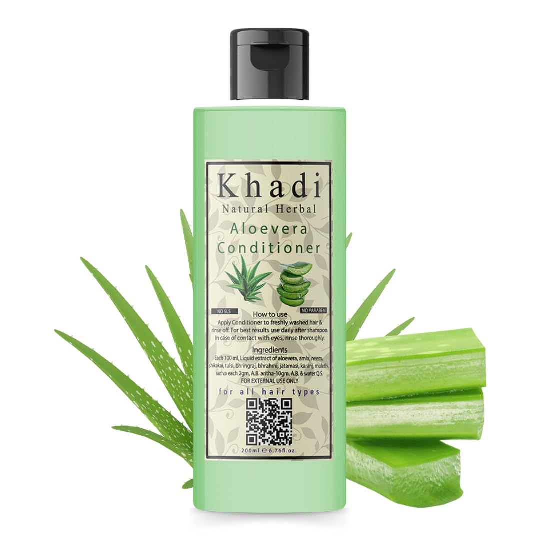 Khadi Natural Herbal Aloe Vera Hair Conditioner for Hair Growth & Damage Repair - Sulfate-Free, Paraben-Free Formula for Curly, Dry & Frizzy Hair - Controls Hair Fall & Adds Shine (200ml, 1 Count) - Perfect for Daily Hair Care & Salon-Quality Results at Home