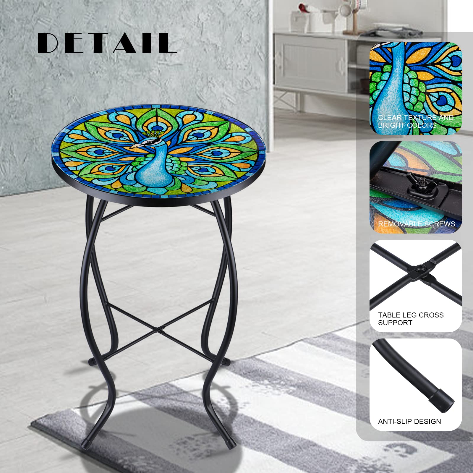 VCUTEKA Round Glass Side Table - Outdoor Patio Coffee Table, Indoor Accent End Table for Living Room, Balcony, Porch & Bistro - Perfect for Plants, Drinks & Decor (Peacock Design)