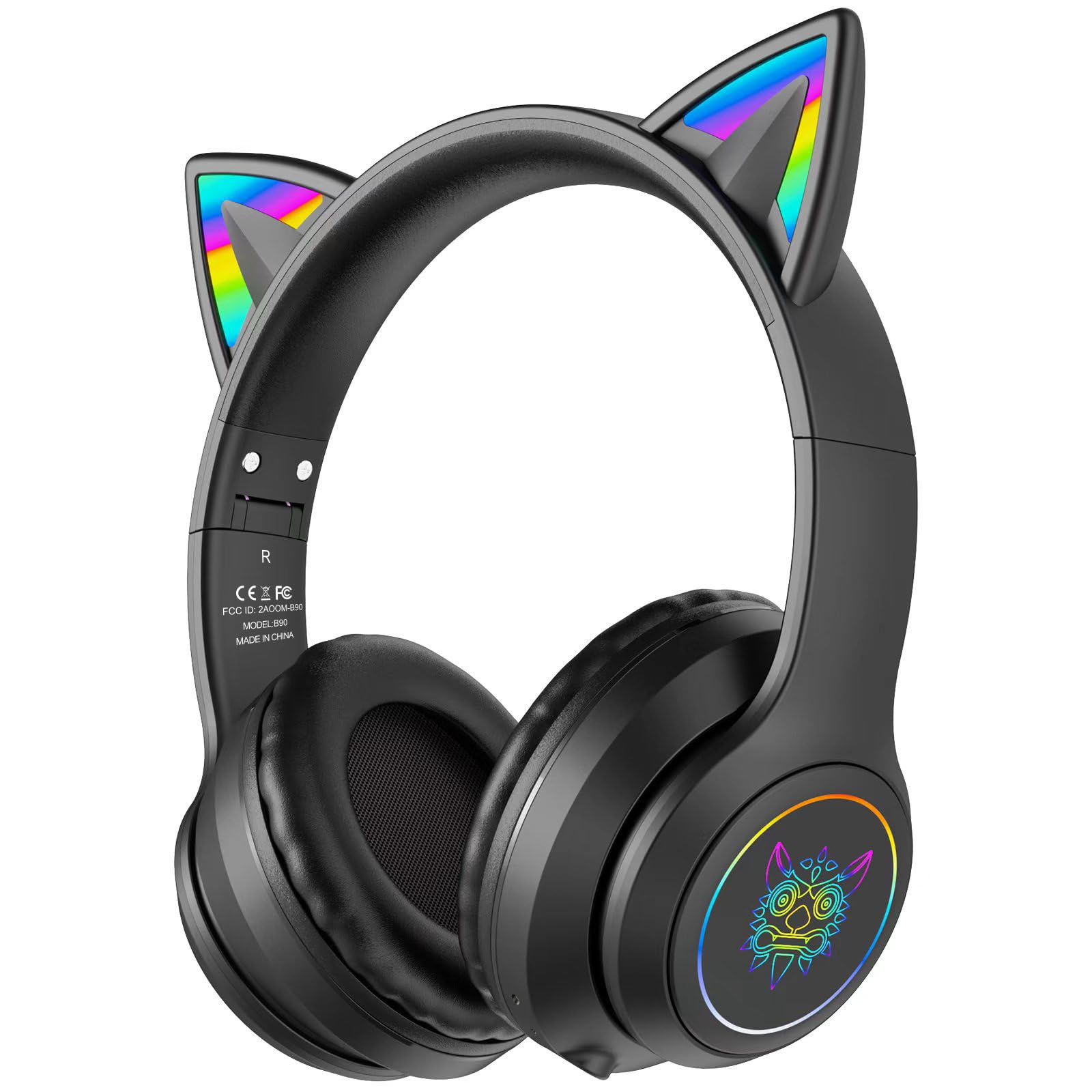 Bluetooth Cat Ear Headphones for Kids & Adults - Wireless & Wired Foldable Headset with Mic, Clear Sound & RGB LED Lights - Perfect for Gaming, School, Work - Compatible with Phone, Laptop, PC, Tablet (Black) | Great for Online Classes, Streaming & Music Listening