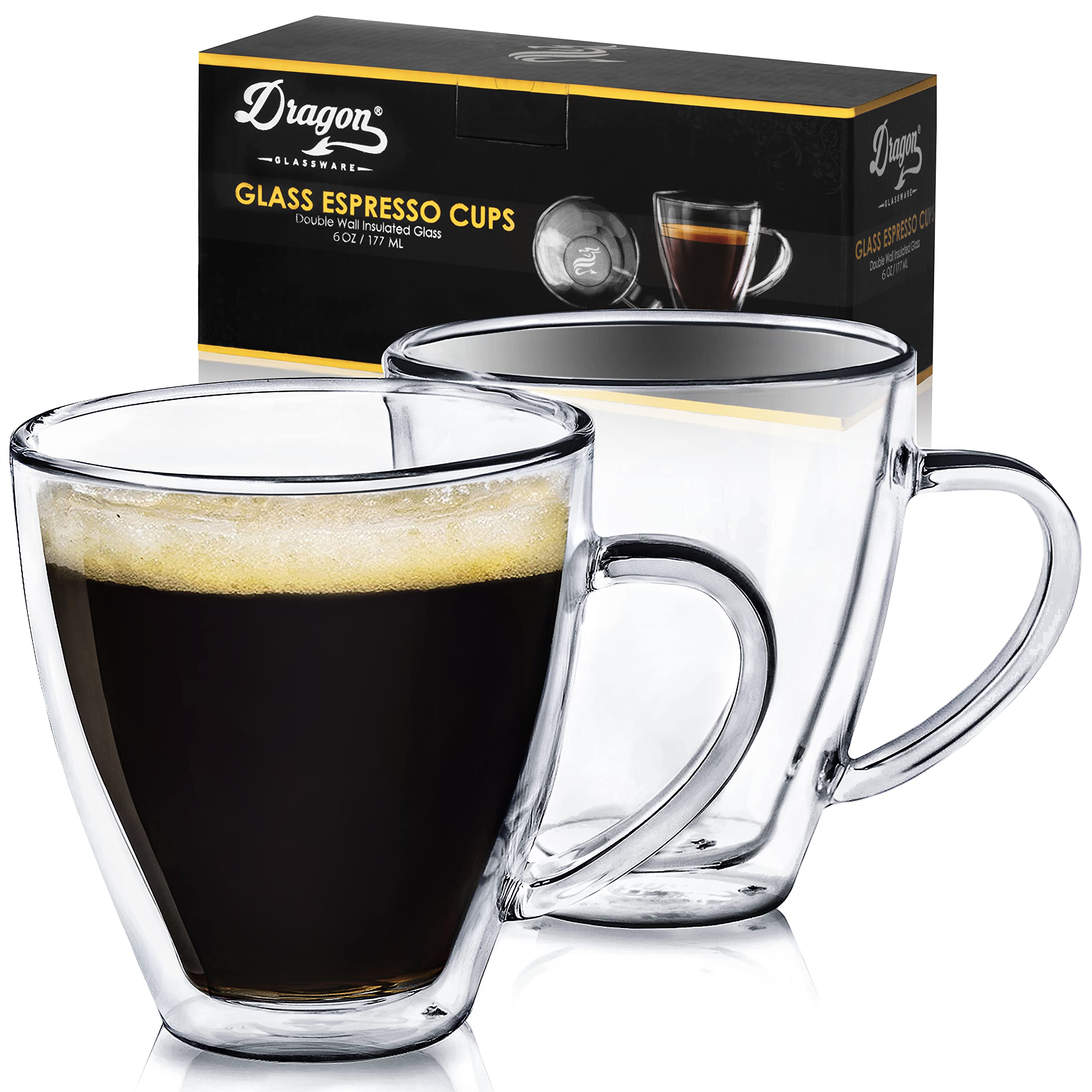 Premium Dragon Glassware Espresso Cups - 6oz Clear Double Wall Insulated Coffee Glasses (Set of 2) - Keeps Drinks Hot or Cold Longer - Perfect for Home, Office & Cafe Use