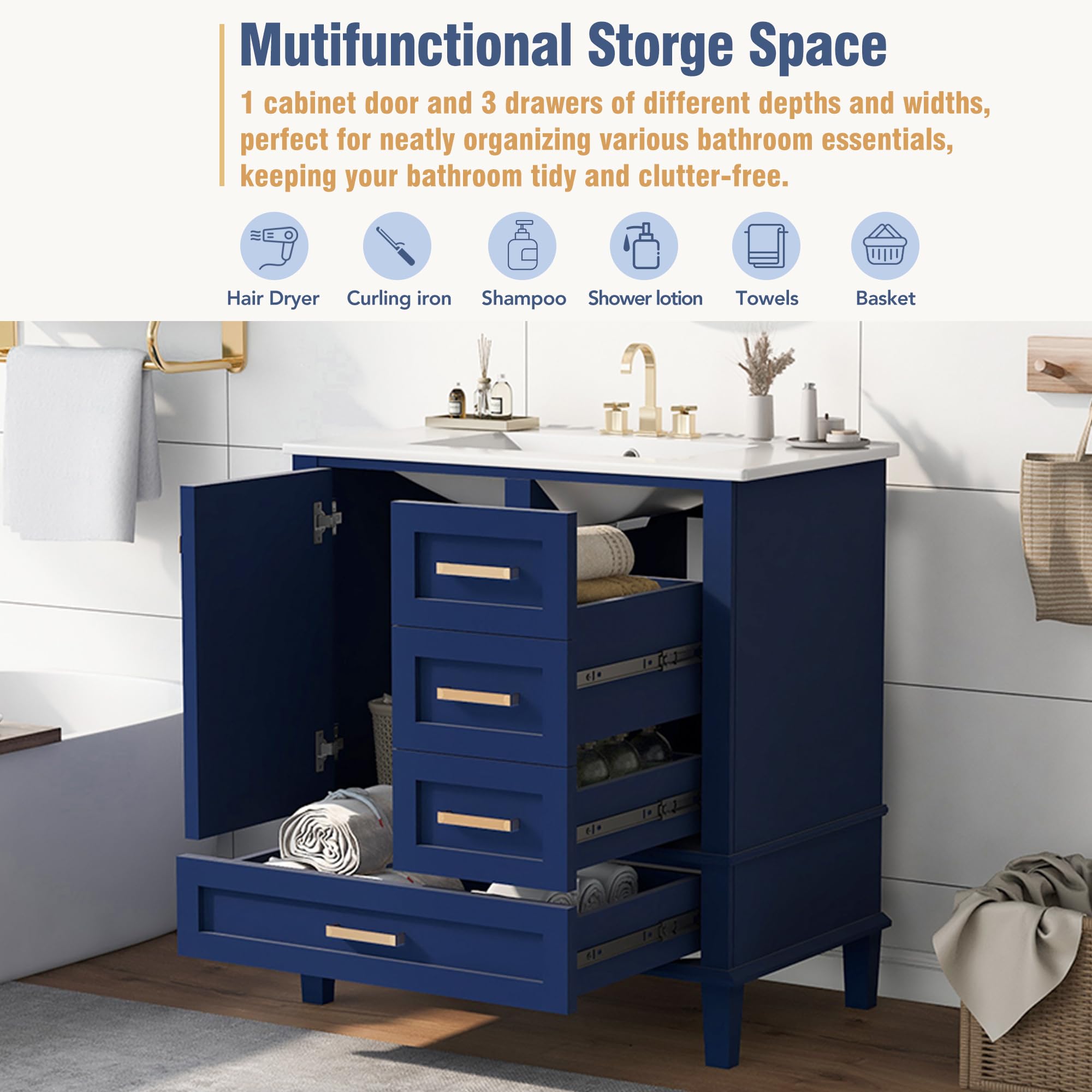 **30-inch Navy Blue Bathroom Vanity with Sink - Solid Wood Cabinet, 2 Drawers + 1 Tip-Out Drawer, Soft-Close Doors, Easy Assembly - Perfect for Modern & Coastal Bathroom Decor**