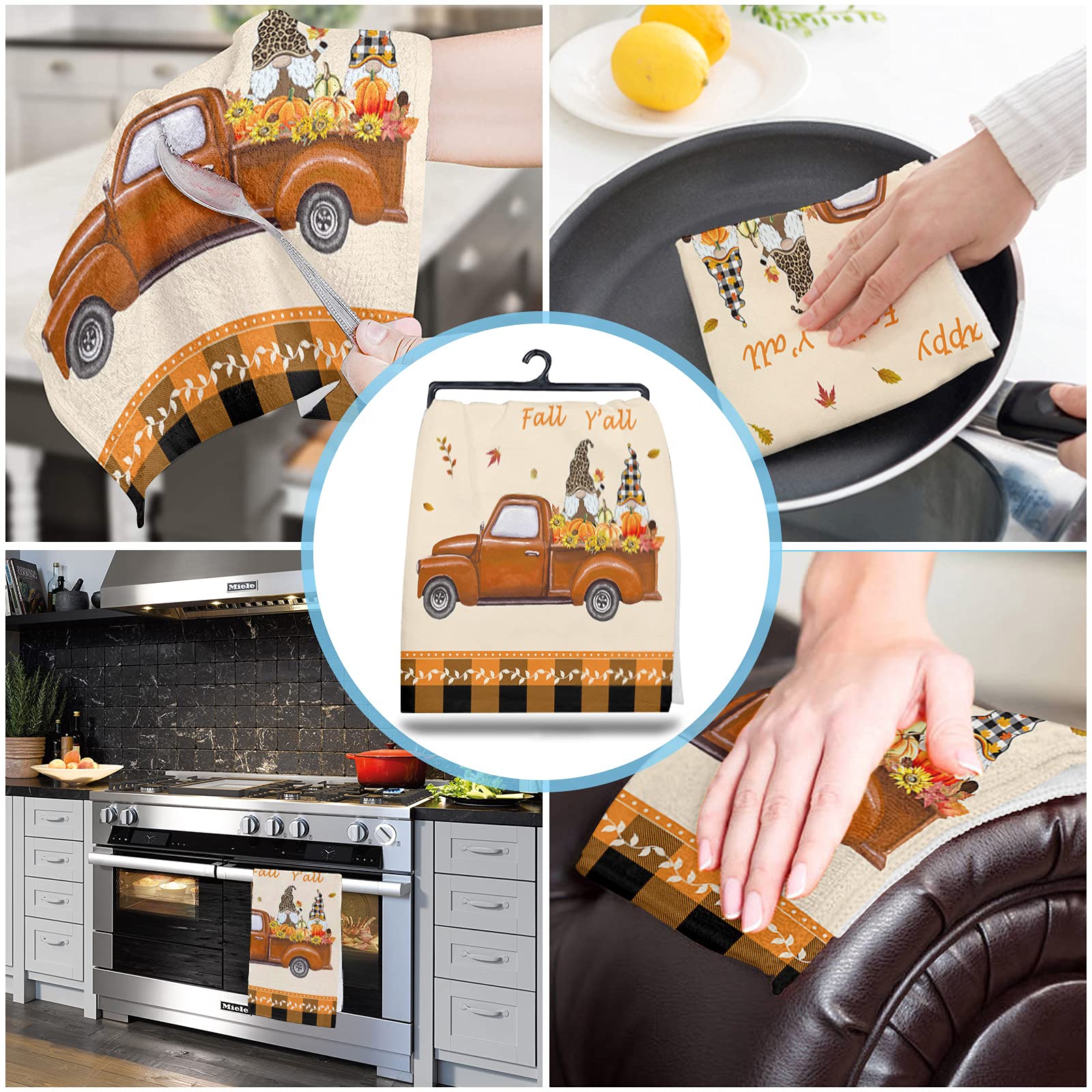 Premium Microfiber Kitchen Towels Set of 4 - Super Absorbent & Reusable Dish Towels (18x28 Inch) - Thanksgiving Truck with Pumpkin Gnome Design in Orange Black Plaid - Perfect for Drying Dishes, Cleaning Countertops & Holiday Kitchen Decor