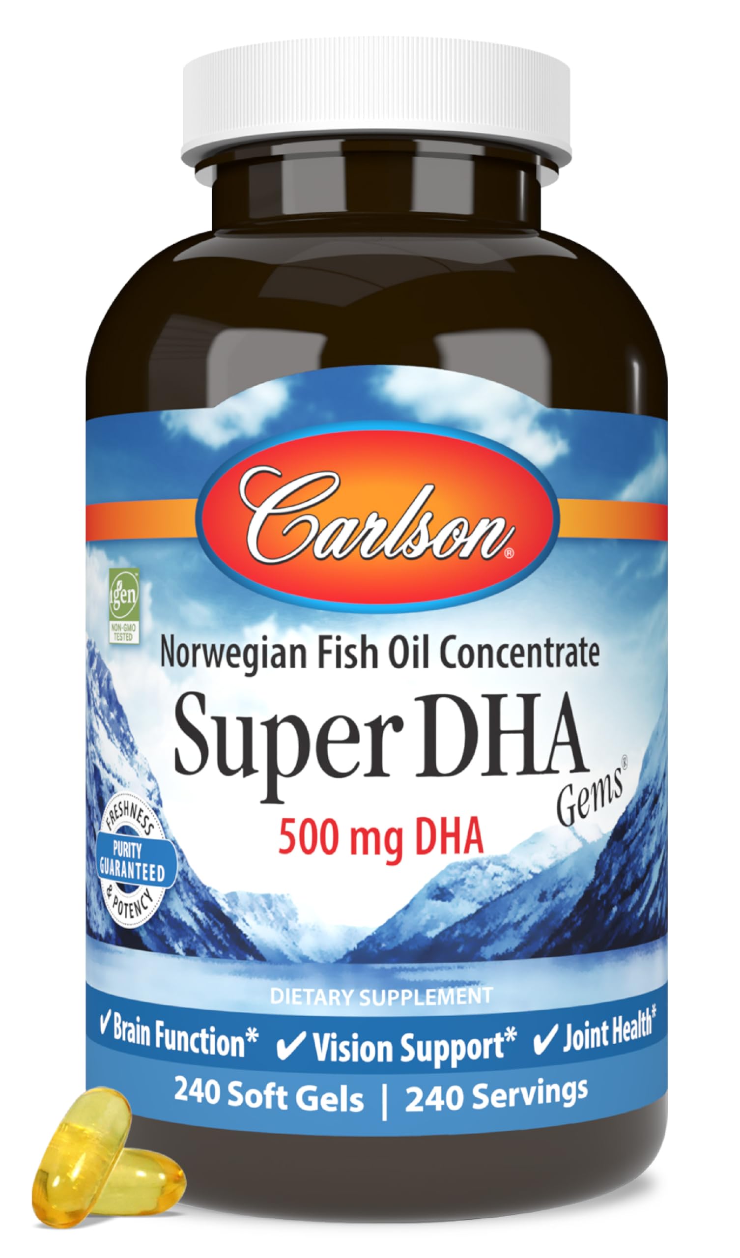 Carlson Super DHA Gems - 500mg DHA Omega-3 Fish Oil Supplement with 640mg Fatty Acids, Norwegian Wild-Caught & Sustainably Sourced Softgels (240 Count) for Brain, Heart & Eye Health Support