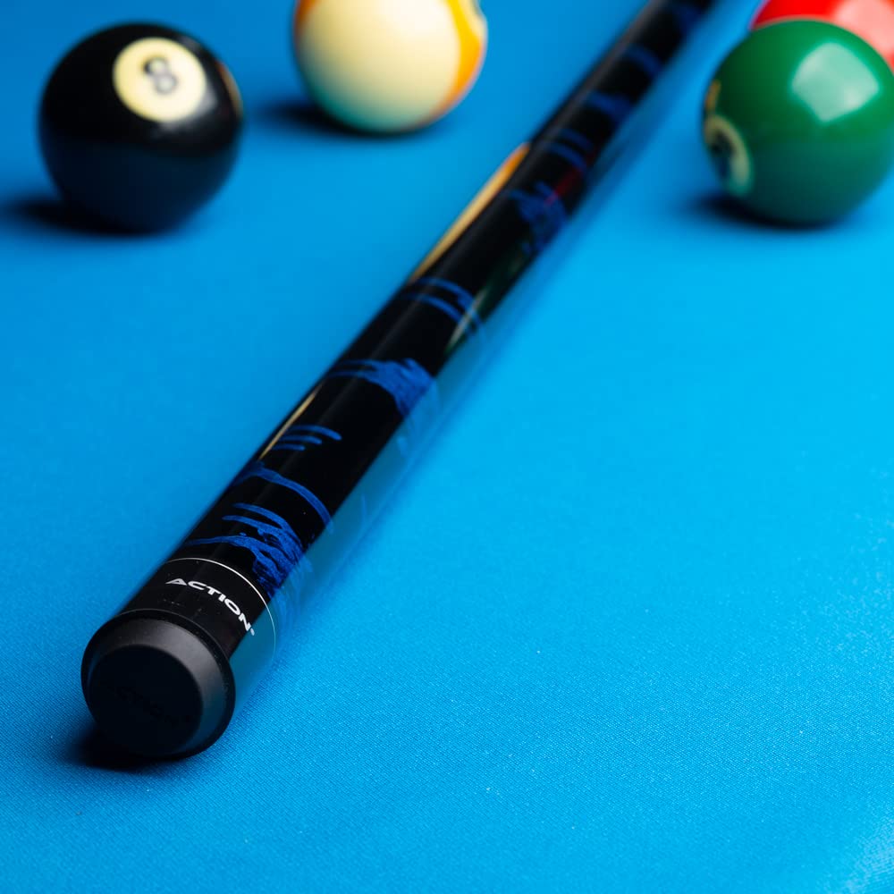 VAL05 Value Series Pool Cue - 58 Inch Hard Maple Shaft with 13mm Boar Skin Tip - Blue and Black Swirl Design - Professional Billiards Accessory for Home Game Rooms & Bars