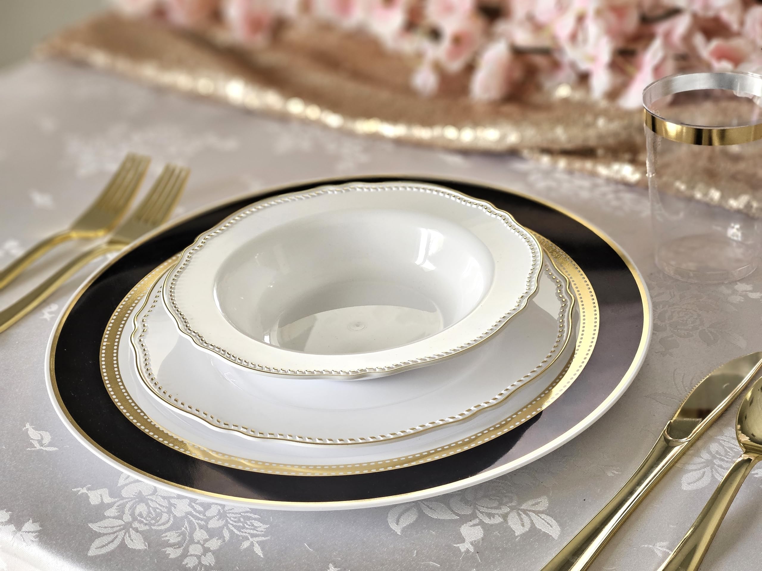 120-Piece Disposable Plastic Charger Plates Set - 12'' Elegant Ritz Black & Gold for Wedding, Party & Special Events - Perfect for Banquets, Buffets & Formal Dining