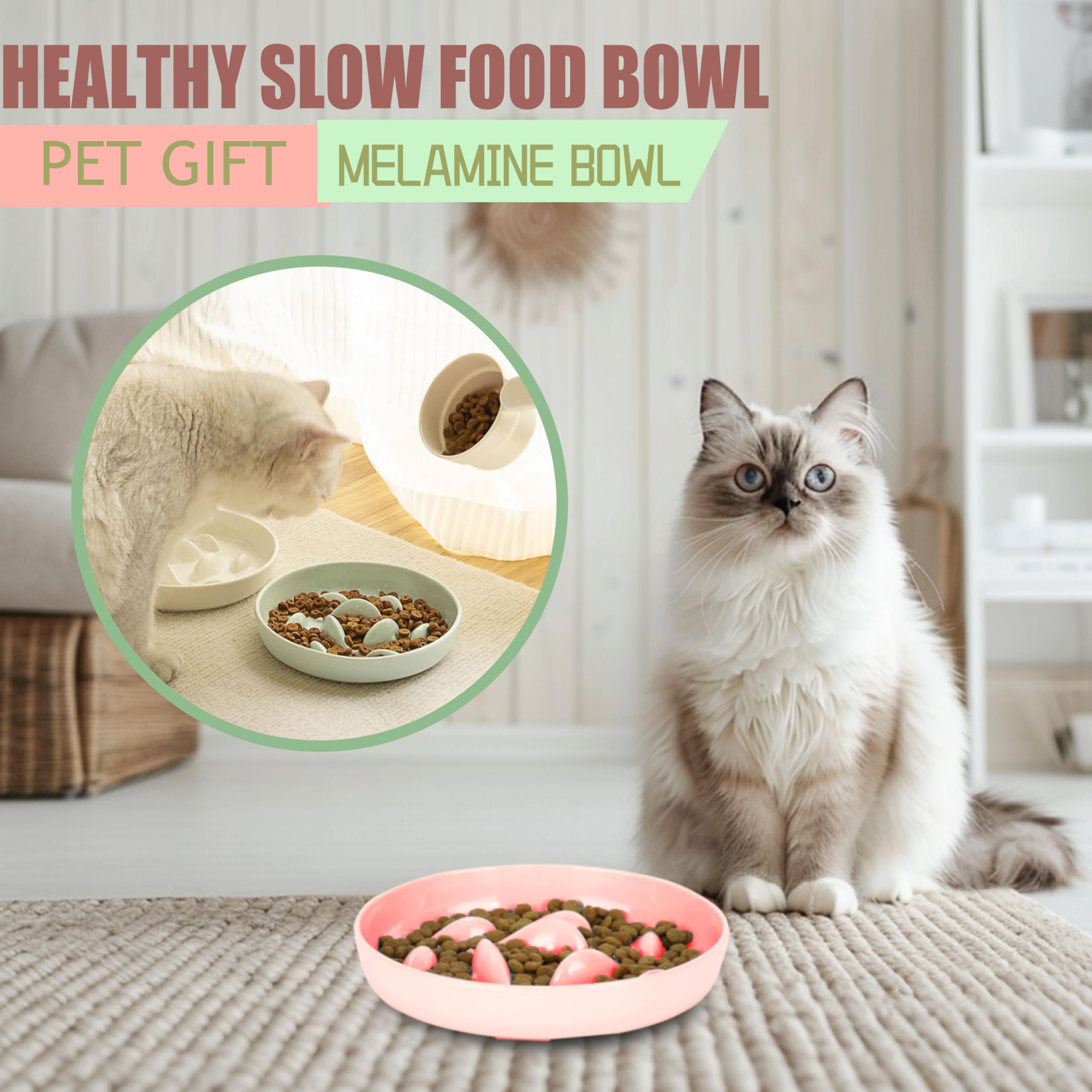 Slow Feeder Cat & Small Dog Food Bowl - Melamine Puzzle Feed Dish for Healthy Eating - Prevents Gulping & Bloat - Green & Pink (2-Pack, Small) - Perfect for Fast Eaters & Portion Control