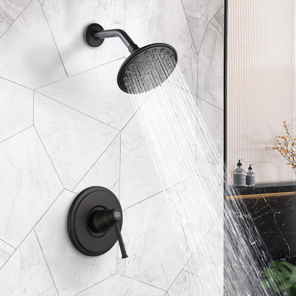 Premium Matte Black Shower Faucet Set - 6 Inch Rainfall Shower Head System with Single Handle Wall Mounted Trim Kit & Rough-in Valve | Modern Bathroom Fixtures for Luxurious Spa-like Experience