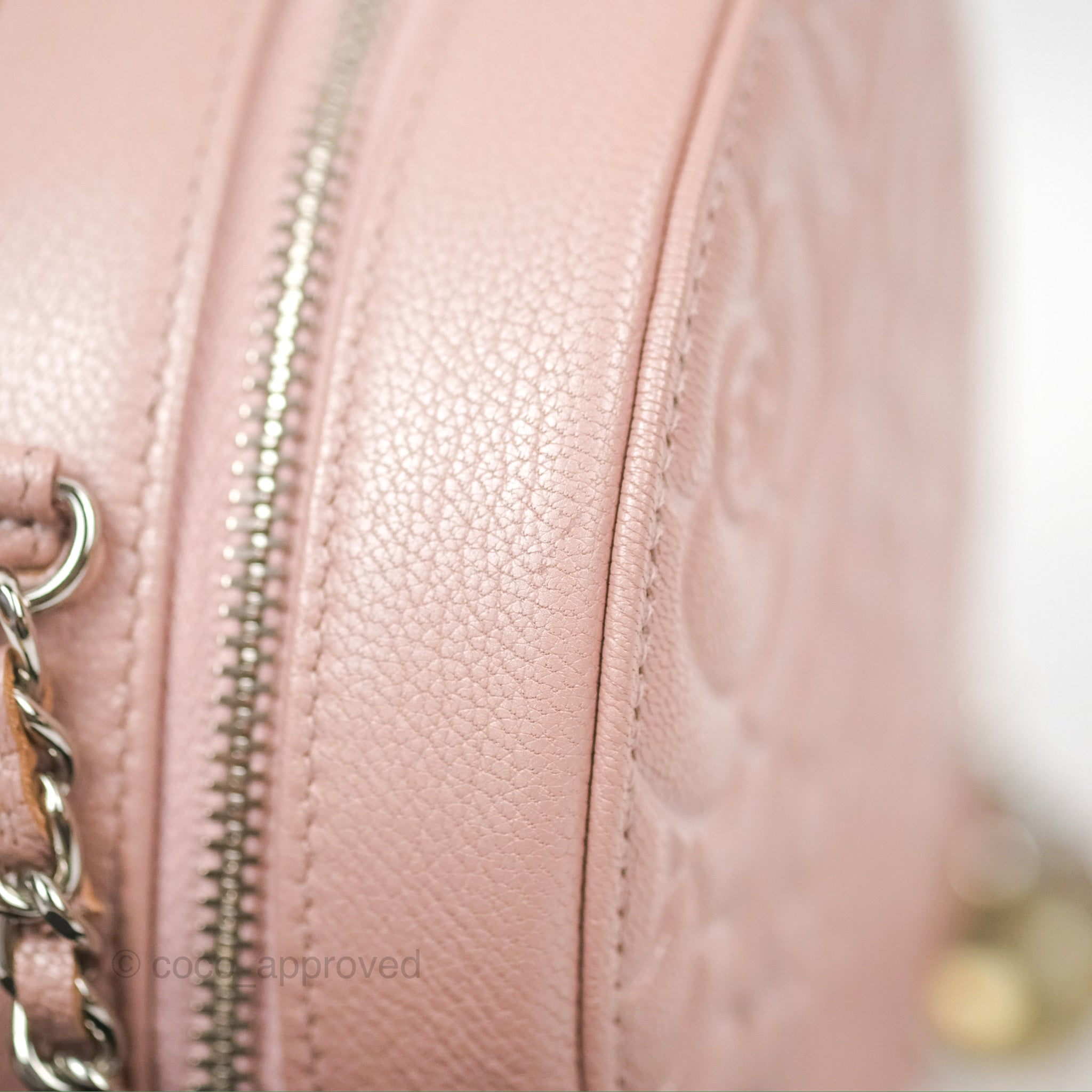 Chanel Camellia Embossed Round Clutch Bag with Chain - Iridescent Light Pink Goatskin Leather & Silver Hardware | Evening Party, Wedding, Special Occasion Accessory