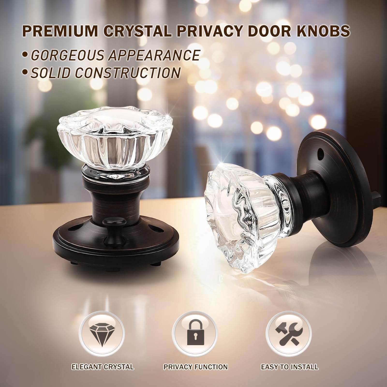**KNOBWELL 5-Pack Clear Crystal Glass Door Knobs with Keyless Lock - Oil Rubbed Bronze Plate for Bedroom & Bathroom Privacy - Perfect for Interior Doors, Closets, and Home Décor**