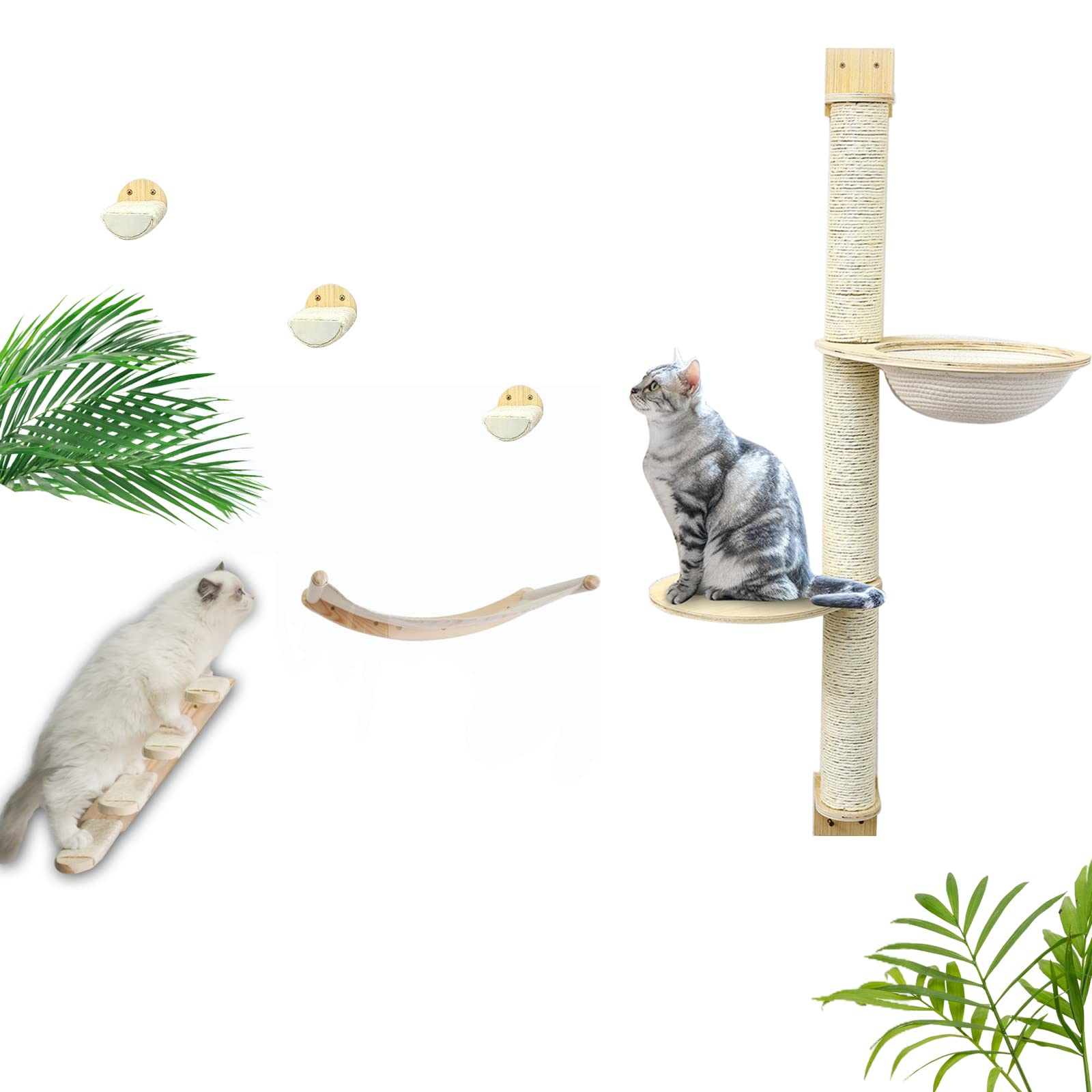 Wall Mounted Cat Hammock & Climbing Shelf - 4 Step Cat Stairway with Scratching Posts, 3 Step Solid Wood Cat Tree for Sleeping, Playing & Lounging | Perfect for Small Spaces & Multi-Cat Homes | Durable Cat Furniture for Climbing, Scratching & Relaxing