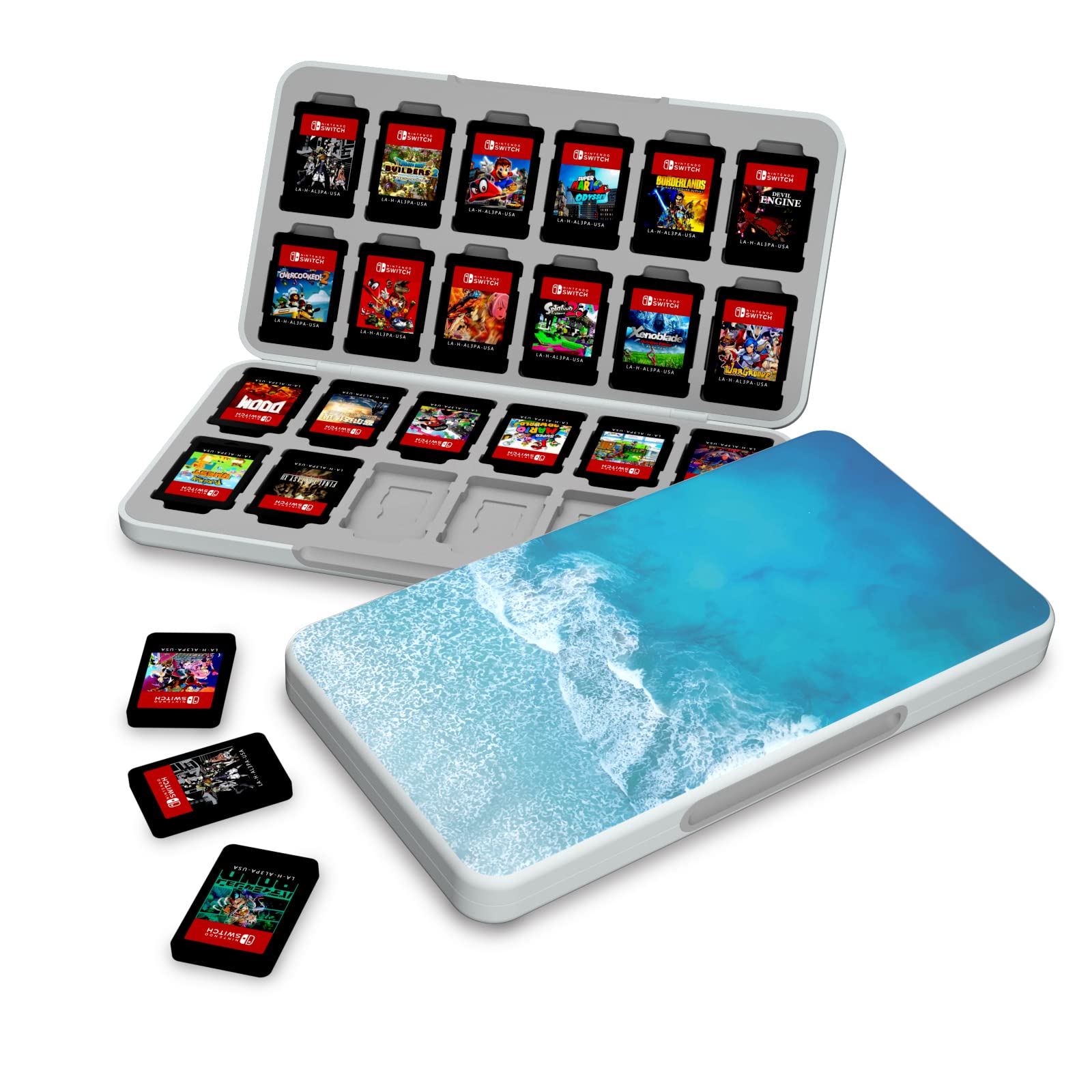 Nintendo Switch and Switch OLED Game Card Holder - 24 Game Slots & Micro SD Storage - Waterproof Sea Themed Cartridge Case for Travel & Home Organization
