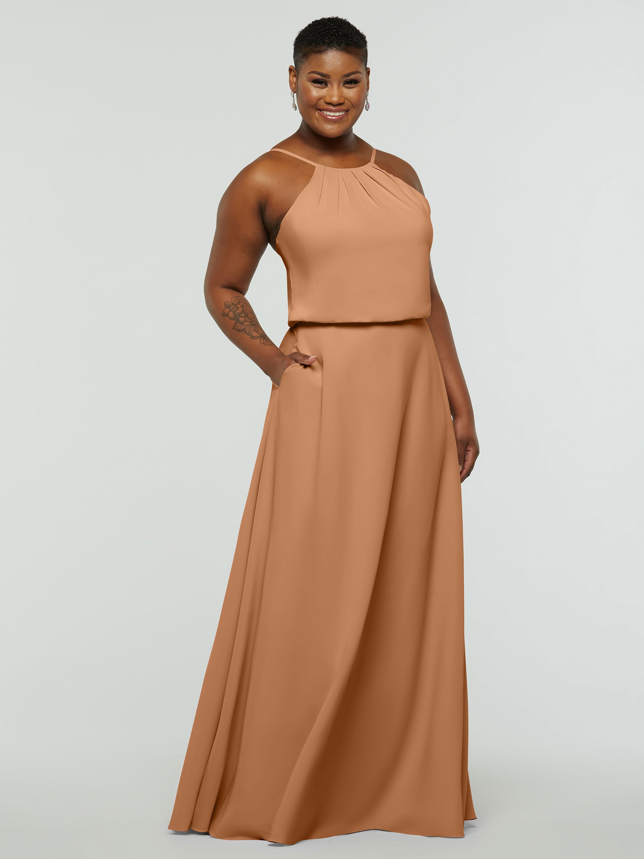 Elegant 83015 Stretch Chiffon A-Line Bridesmaid Dress with Halter Neckline - Perfect for Weddings, Formal Events & Special Occasions