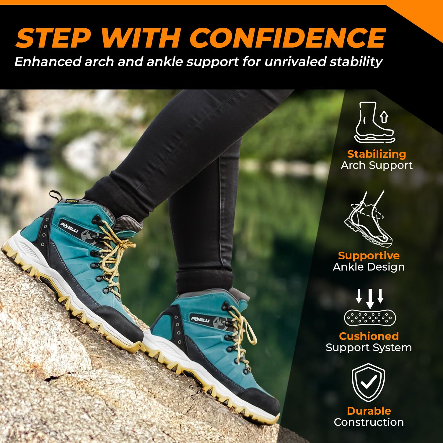 Foxelli Women's Hiking Boots - Waterproof Lightweight Breathable Suede Leather Boots for Outdoor Trekking & Trail Running