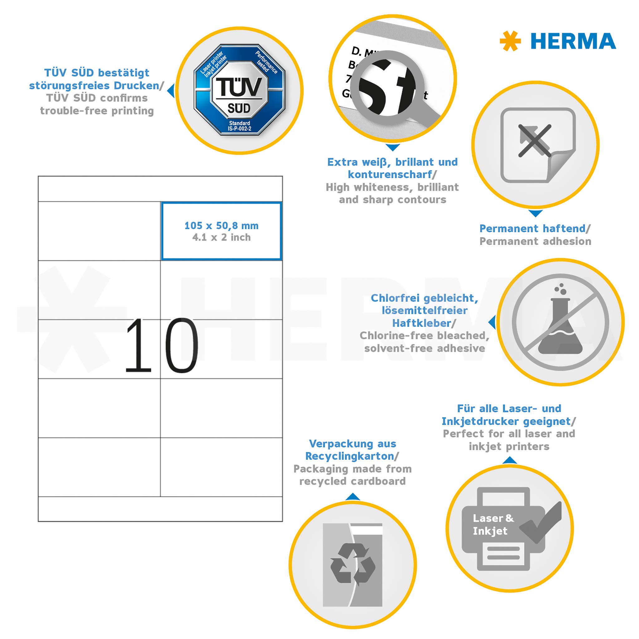 HERMA Self Adhesive Multipurpose Labels - 2000 Blank White Stickers (105x50.8mm), 10 Labels per A4 Sheet, 200 Sheets - Compatible with Laser & Inkjet Printers - Perfect for Shipping, Mailing, Organizing & Product Labeling