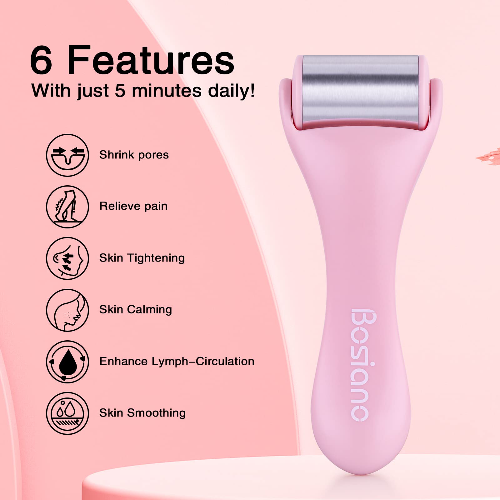 Bosiano Ice Roller for Face - Cooling Facial Massager for Puffiness Relief & Skin Care | Pink Ice Face Roller for Eyes & Face | Reduce Dark Circles & Refresh Skin - Perfect for Morning Routine & Post-Workout Recovery