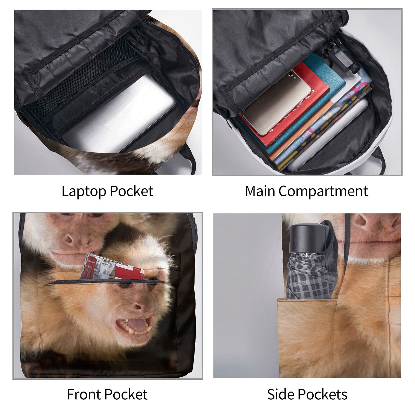3D Animal Print 16 Inch Laptop Backpack - Capuchin Monkey Design School Bookbag, Travel Daypack & Shoulder Bag for Men & Women | Perfect for College, Work, Hiking & Outdoor Adventures