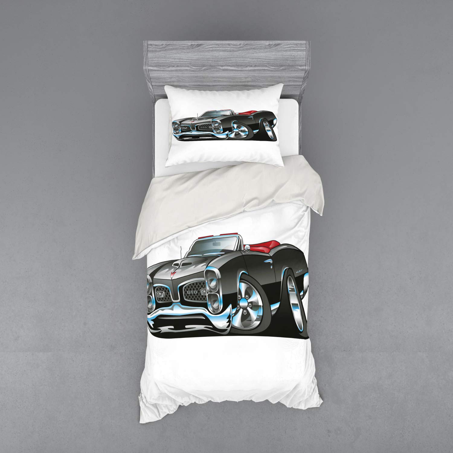 Ambesonne Vintage Muscle Car Bedding Set - 3 Piece Duvet Cover with Sham & Fitted Sheet, Twin Size in Pale Grey Blue - American Nostalgic Sports Car Design with Speeding Wheels Print - Perfect for Boys' Room, Teen Bedroom & Car Enthusiast Decor
