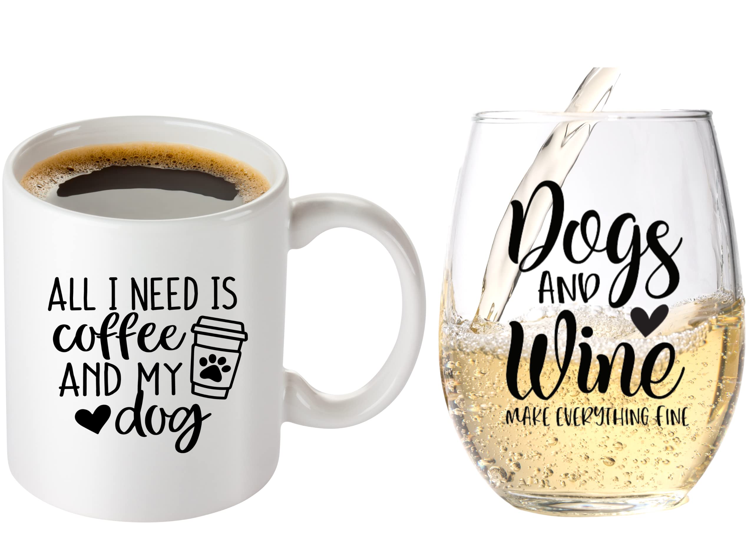 Funny Dog Mom Wine Glass and Coffee Mug Gift Set - Best Gifts for Dog Lovers, Women, Friends - Perfect for Mother's Day, Birthday, Christmas Stocking Stuffers - Printed in USA - Great for Parties, Home Decor, Pet Owner Appreciation