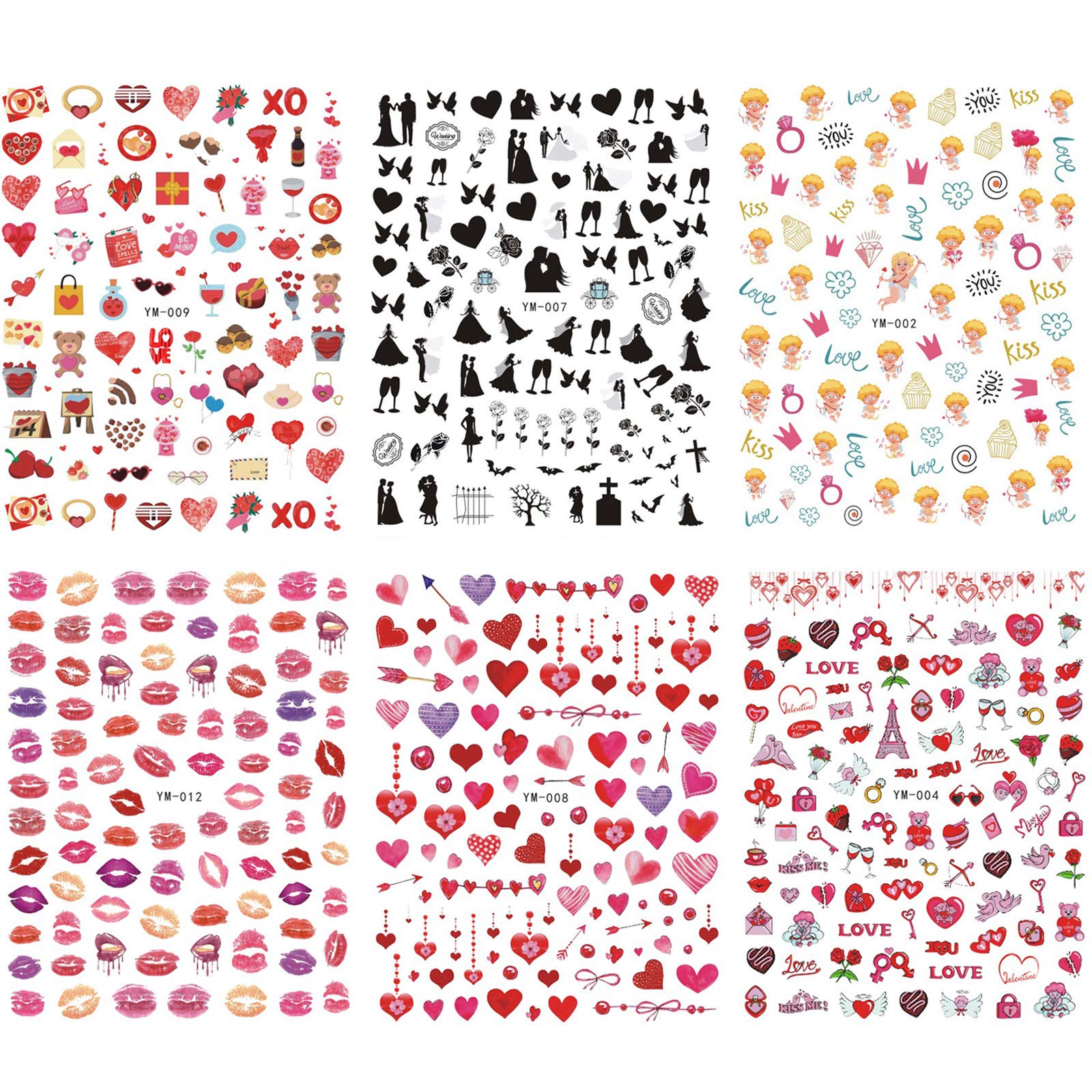 3D Heart Nail Stickers for Valentine's Day - Self-Adhesive Nail Art Decals with Love Kiss, Angel & Baby Designs for Women, Girls & Kids (12 Sheets) - Perfect for Valentine's Gifts, Date Nights & Nail Salon Decorations