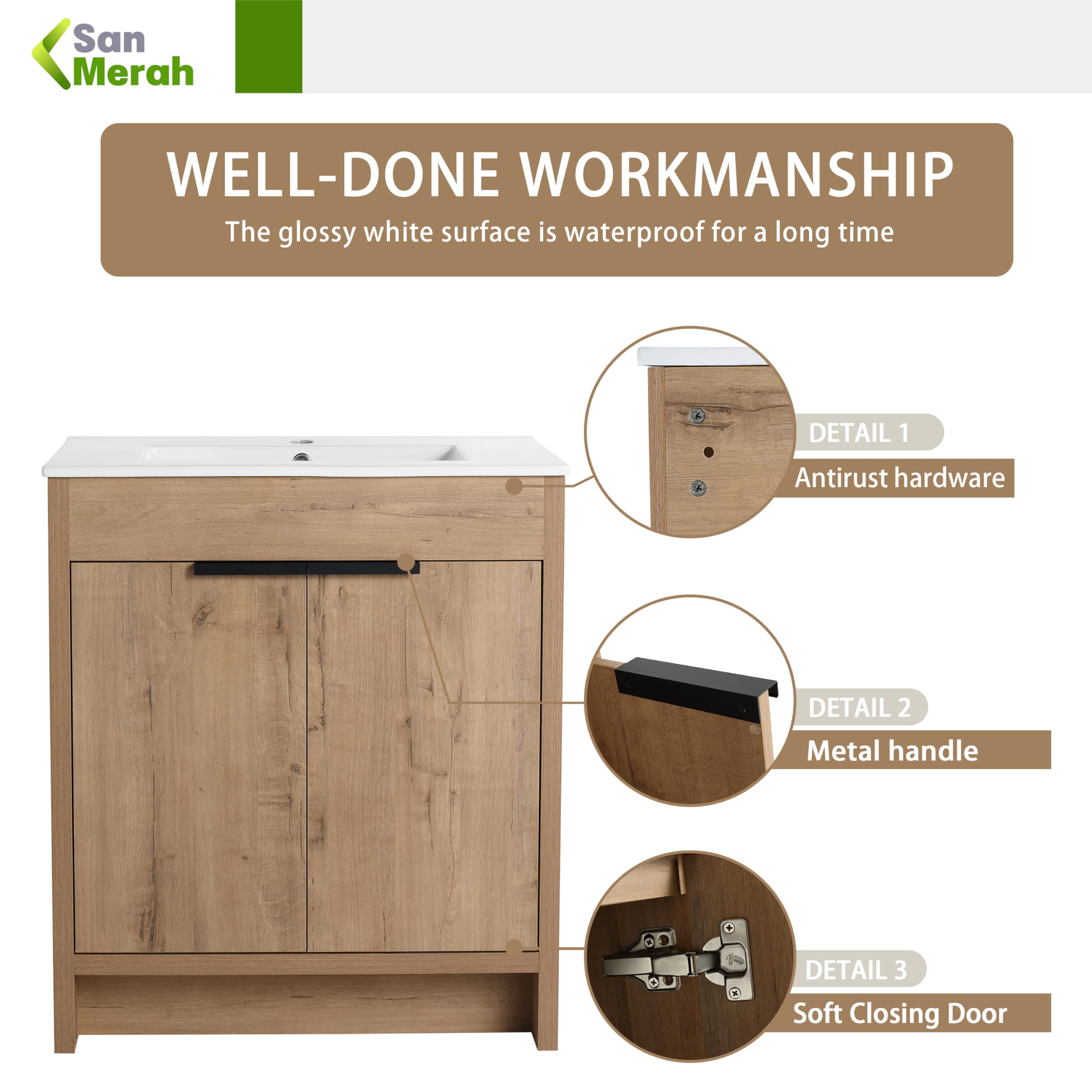 30 Inch Freestanding Bathroom Vanity with Ceramic Sink - Soft Close Doors & Adjustable Shelf (24-IMO, 30x18) - Modern Bathroom Storage Cabinet for Small Spaces, Powder Rooms & Guest Baths