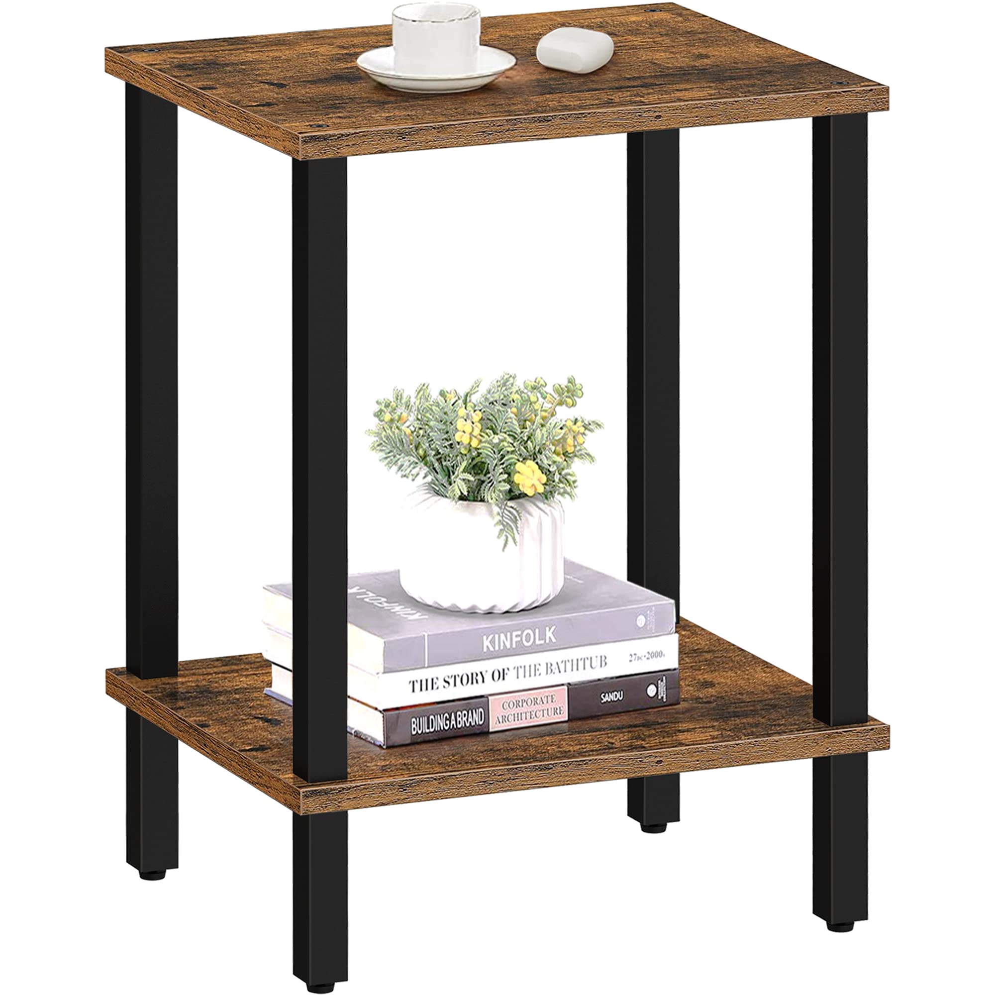 TUTOTAK 2-Tier End Table with Storage Shelf - Compact Side Table & Nightstand for Small Spaces - Perfect for Living Room, Bedroom, Dorm (Model TB01BB034) - Ideal for Holding Lamps, Books, and Bedside Essentials